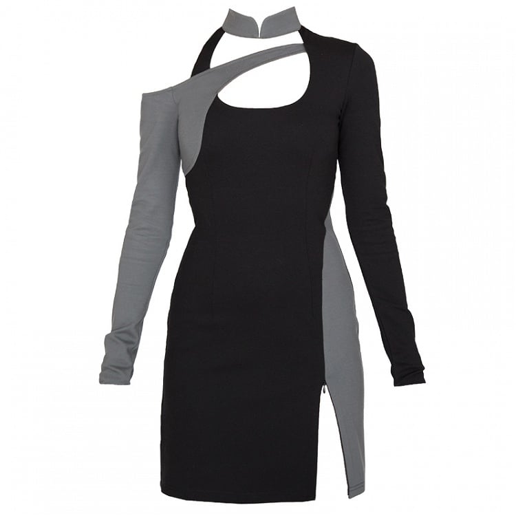 Cyberpunk Black & Grey Banded Collar Cutout Detail Side Slit Glamorous Dress
