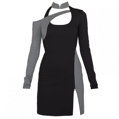 Cyberpunk Black & Grey Banded Collar Cutout Detail Side Slit Glamorous Dress