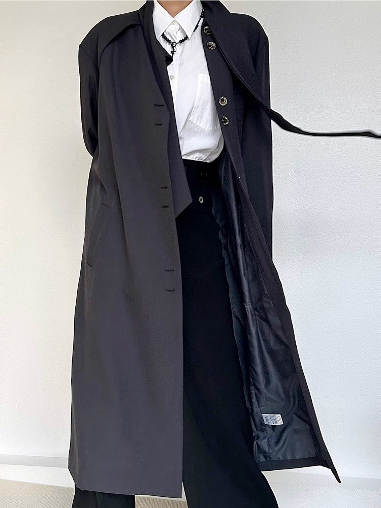 Ouji Lolita Gray Vintage Long Trench Coat with Button Cuffs & Tie Neck