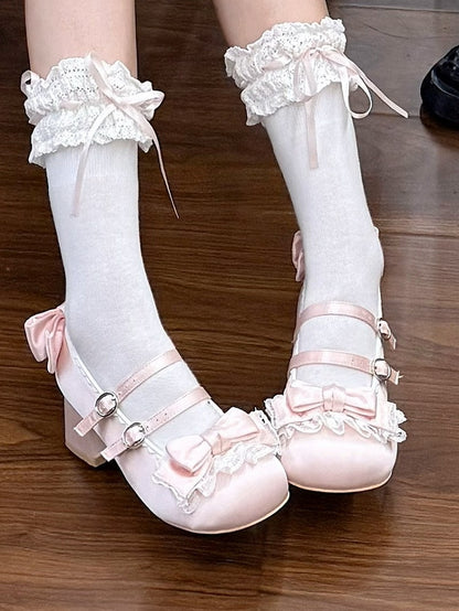 Sweet Pink Lolita Mid-heel Mary Janes - Ruffled Lace Edging, Ornate Bow & Dual Fasteners