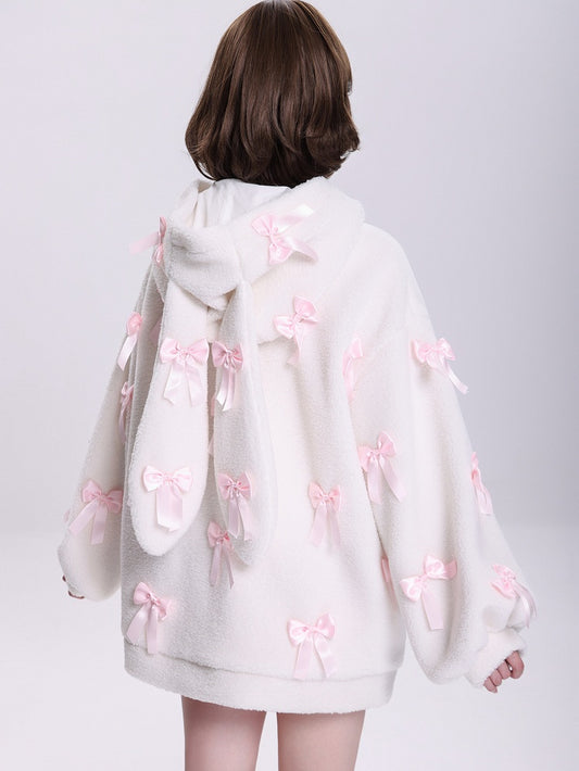 Allover Pink Bows Jirai Kei Bunny Ears Hooded White Fleece Zip Hoodie