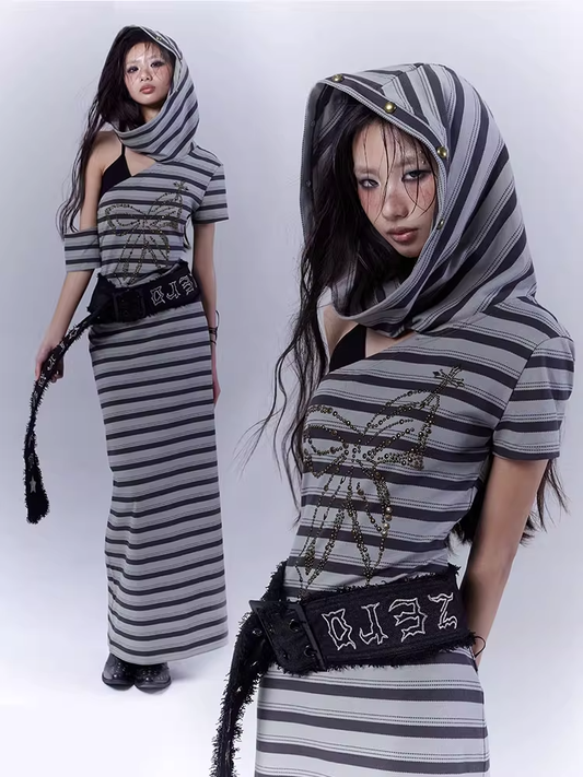 Gray and Green Cutout Shoulder Wasteland Punk Hooded Striped Dress with Buckle Belt