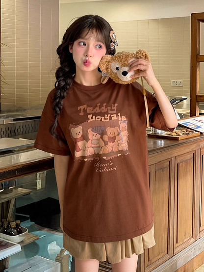 Adorable Teddy Bear Print Brown Round Neck Loose T-shirt with Mushroom Plushie