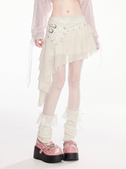 Apricot Buckle Straps Asymmetrical Hem Wasteland Punk Tiered Skirt