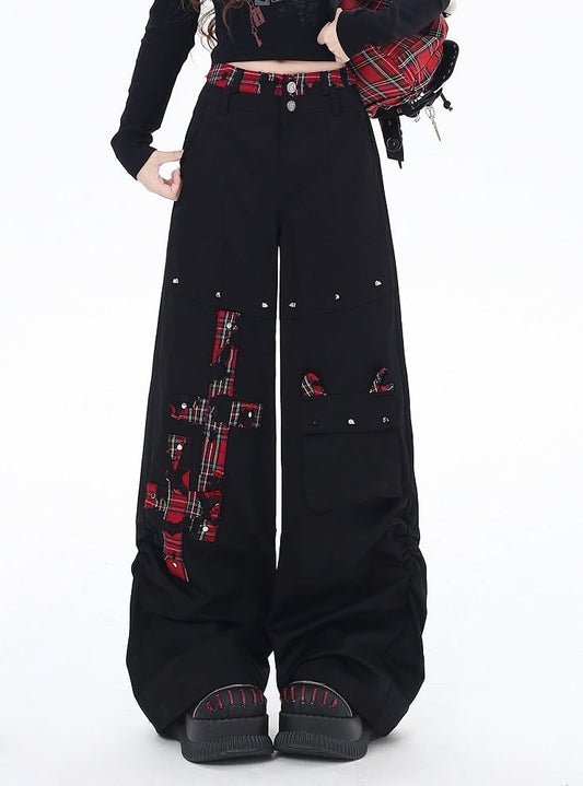 Black and Red Plaid Studs Detail Wide-Leg Pants