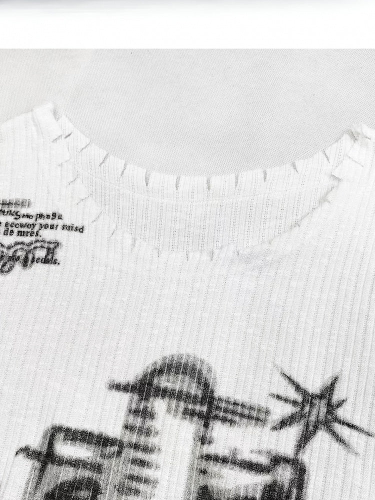 White Y2K Asymmetrical Neckline Print Design Long Sleeves Top + Neck Accessory