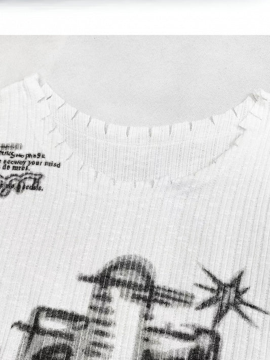 White Y2K Asymmetrical Neckline Print Design Long Sleeves Top + Neck Accessory