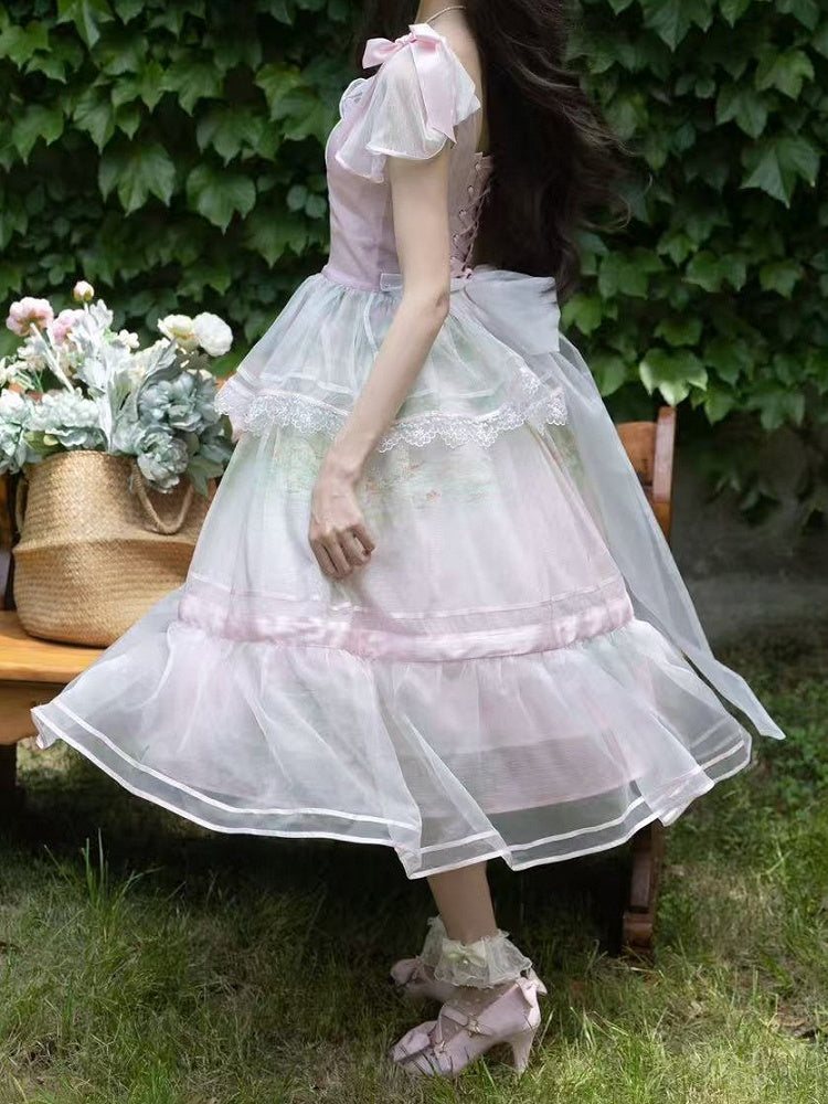 Oil Painting Water Lily Print Light Pink Square Neckline and Flutter Sleeves One Piece