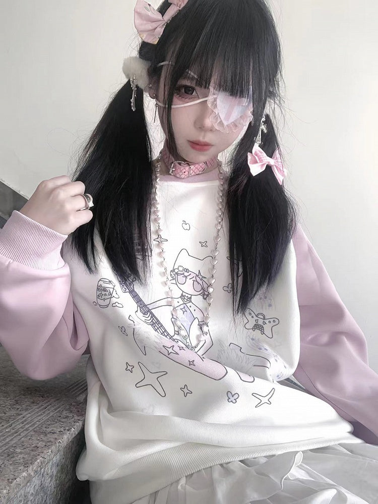 Black/Pink Colorblock Design Print Sweat Shirt