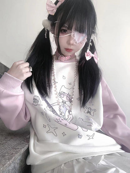 Black/Pink Colorblock Design Print Sweat Shirt