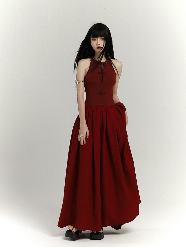 Gothic Wine Red High Waist Cross Print Backless Version Sleeveless Dress