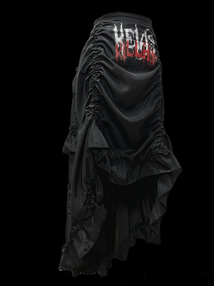 Gothic Black Letters Print Ruched Design High-low Punk Skirt with Free Cross Charms Waist Chain