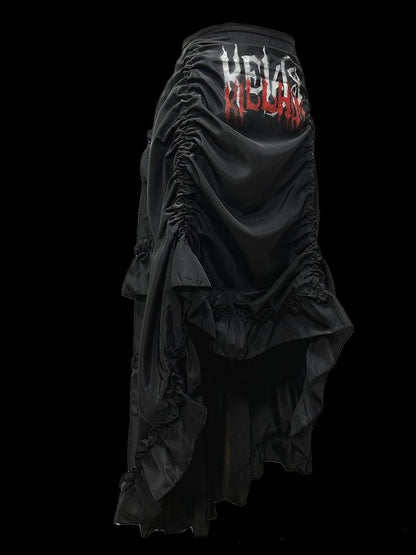 Gothic Black Letters Print Ruched Design High-low Punk Skirt with Free Cross Charms Waist Chain