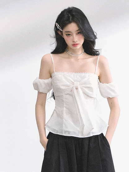 Big Bow Neckline White/Floral/Blue Off-the-shoulder Neckline Top