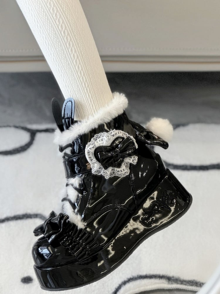 Black Bunny Ear Design Bow Accents Fleeced Lined Lolita Platform Ankle Boots