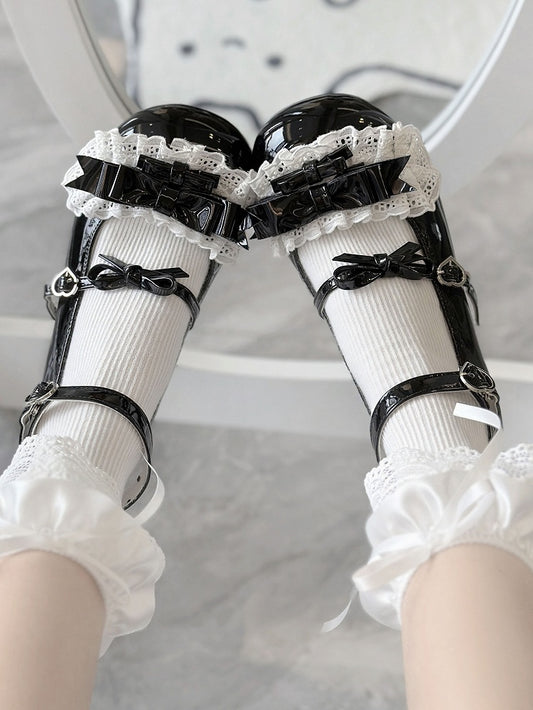 PU Black Sweet Lolita Mary Janes - Low Heel with Ruffled Lace Trim & Heart Buckle