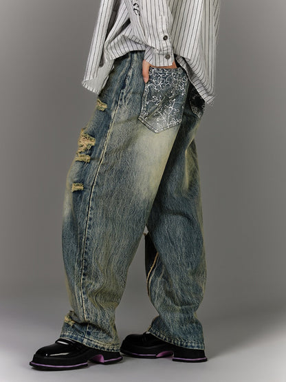 Blue Low Waist Faded Wash Distressed Holes Vintage Jeans with Lace-up Closure