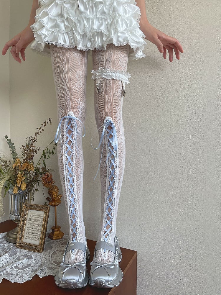 Blue Lace-up Detail Floral Pattern Hollow-out Tights