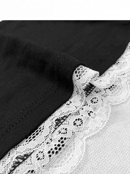 Black Y2K Bittersweet Print Design Lace Trim Mock Neck Top