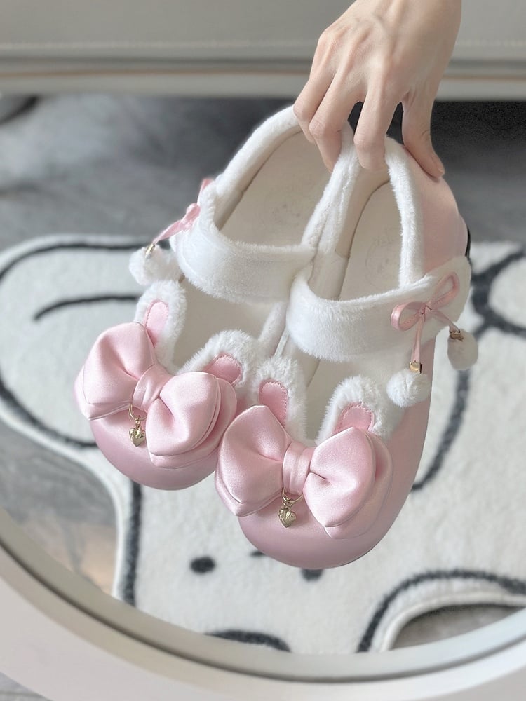Pink Sweet Lolita Heart Charm Plush Bunny Ear Bow at Top Round Toe Shoes