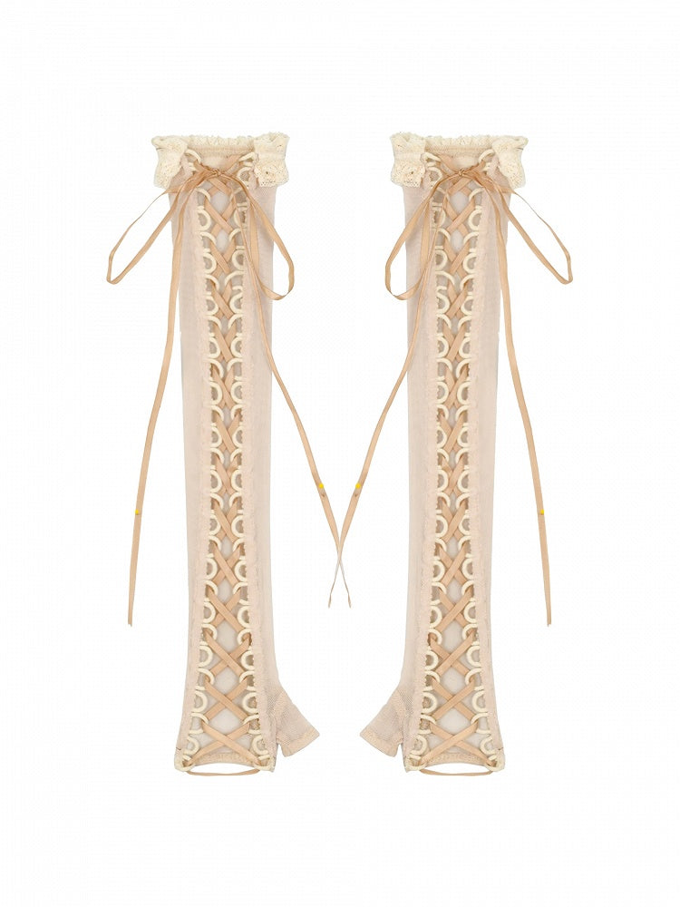 Apricot Lace-up Straps Gloves