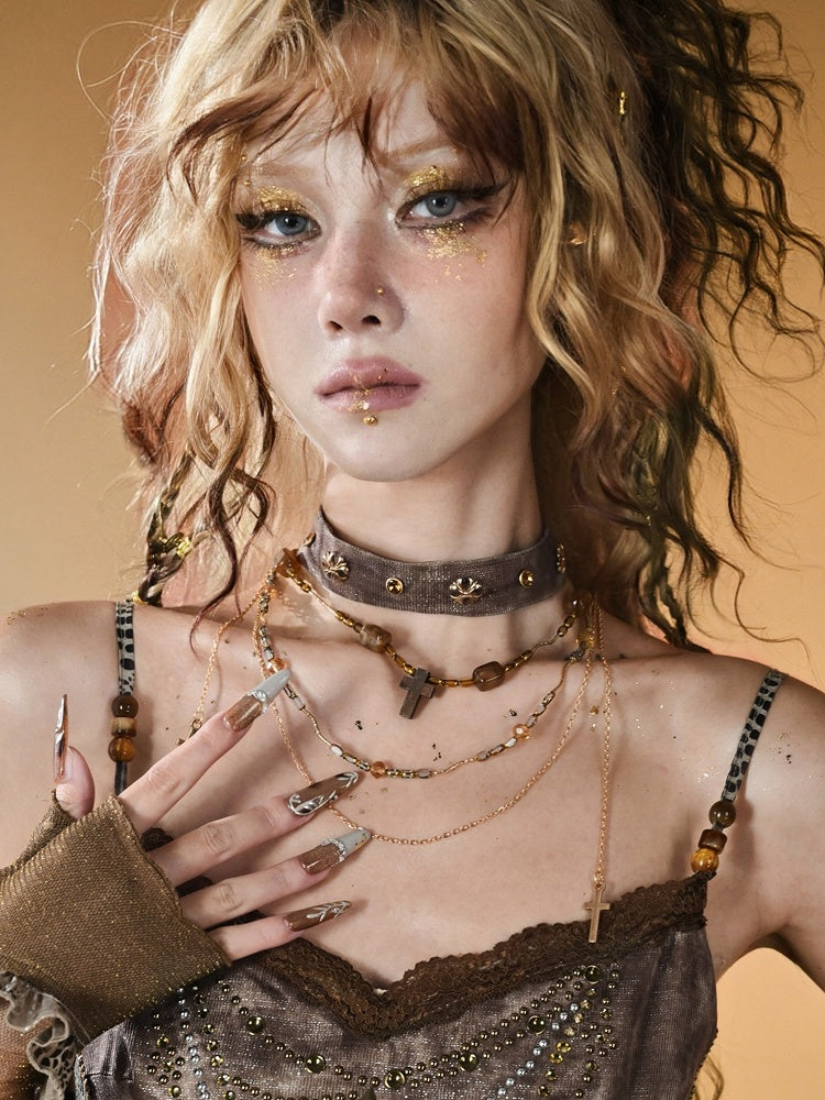 Brown Wasteland Punk Choker With Cross Pendant Beaded Neacklace
