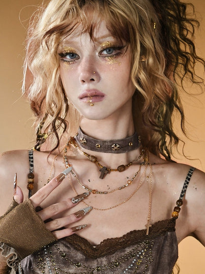 Brown Wasteland Punk Choker With Cross Pendant Beaded Neacklace