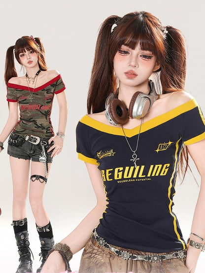 Navy Blue/Army Green Off-the-shoulder Neckline Letter Print T-shirt