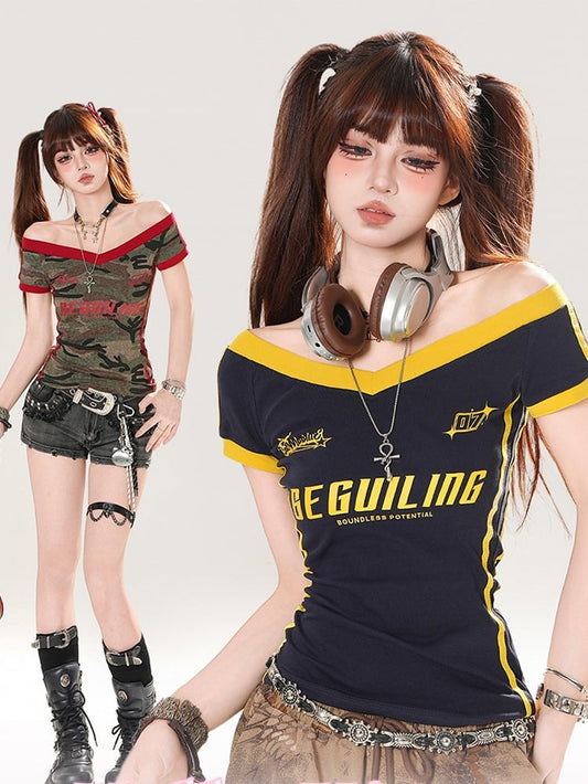 Navy Blue/Army Green Off-the-shoulder Neckline Letter Print T-shirt