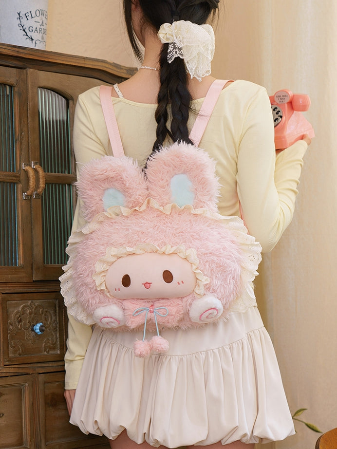 Pink Rabbit-shaped Lace Trim Plush Backpack