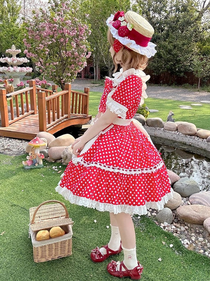 White Polka Dots Red Old School Lolita Peter Pan Collar Dress + Maid Apron + Strawberry Big Bow