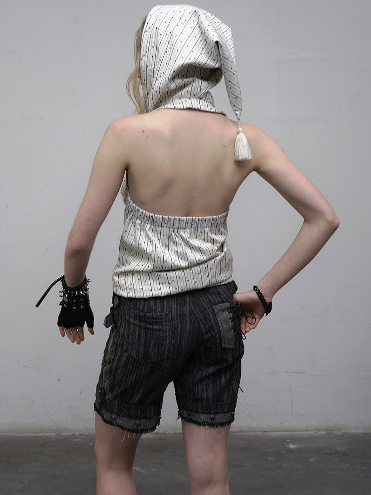 White Striped Pattern Star Print Lace-up Detail Hoodie Sleeveless Top