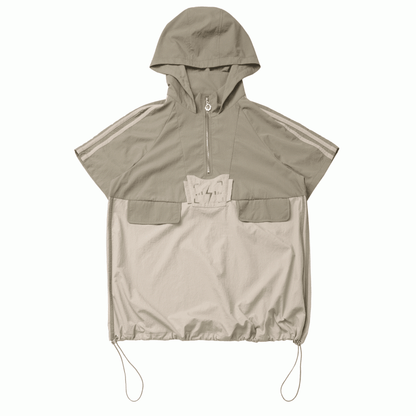 Khaki Colorblock Lightning Embroidery Drawstring Hem Techwear Hooded T-shirt