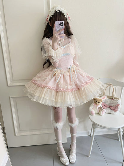 Pink Balletcore Small Bows Fabric Short Dress Lolita Jumper Skirt