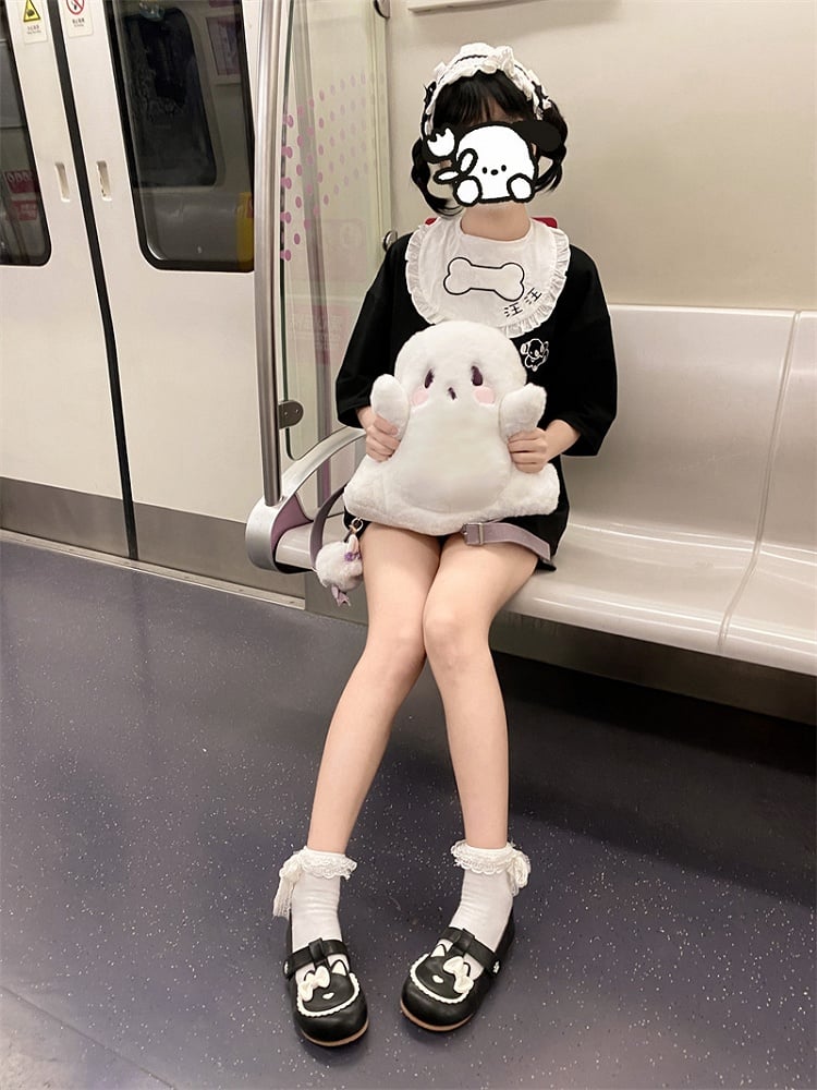 White Ghost-shaped Fleece Backpack With Taro Purple Straps