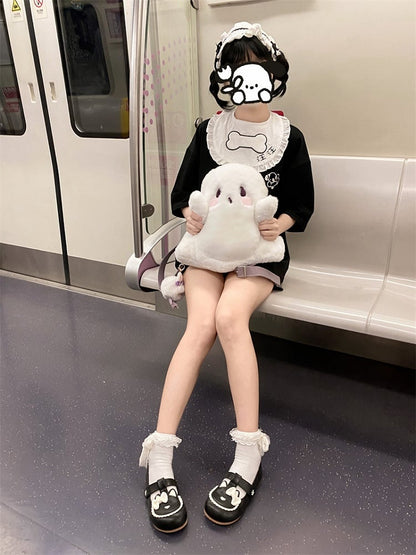 White Ghost-shaped Fleece Backpack With Taro Purple Straps