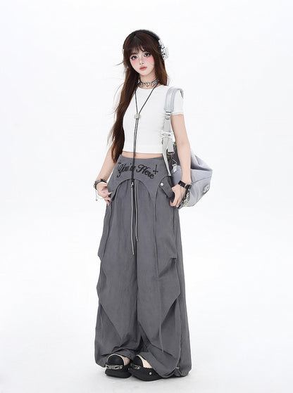 Gray Drawstring Waist Wasteland Punk Pants with Asymmetrical Waist Accessory