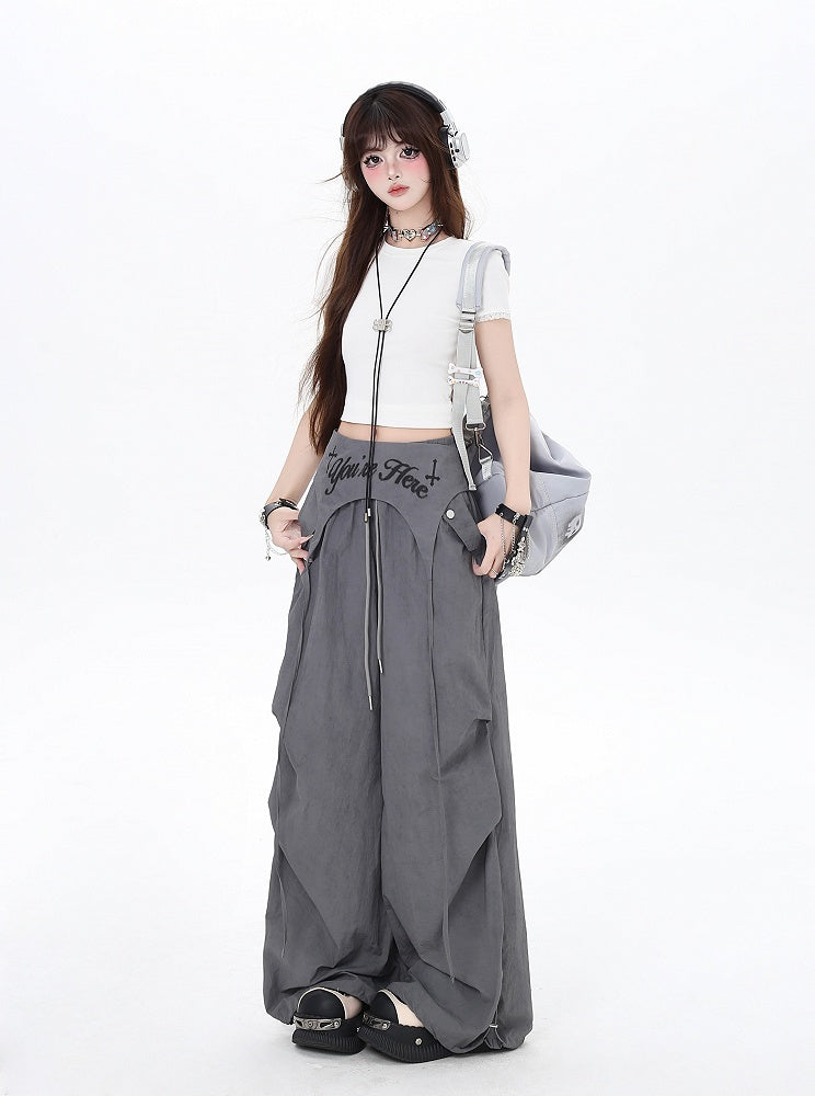 Gray Drawstring Waist Wasteland Punk Pants with Asymmetrical Waist Accessory