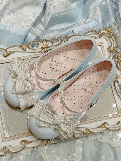 Blue&White Beaded Decorated Bow at Top 2.5CM/5CM Block Heels Round Toe Shoes