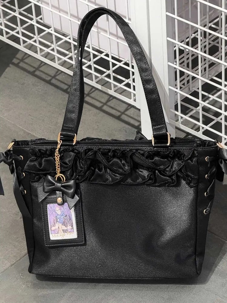 Black Satin Ruffle Trims Self-tie Straps Ita Bag With Bow Card Holder