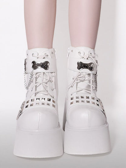 Punk Matte White Platform Ankle Boots Silver-tone Studs