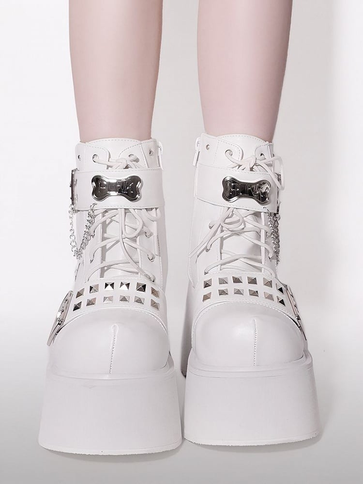 Punk Matte White Platform Ankle Boots Silver-tone Studs