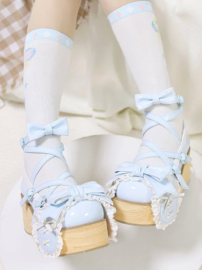 Polished Blue Bunny Ear Bowknot Old School Sweet Lolita Platforms