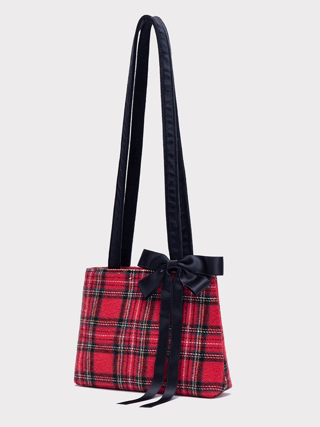 Chic Red Plaid One-Shoulder Mini Tote With Detachable Black Bow