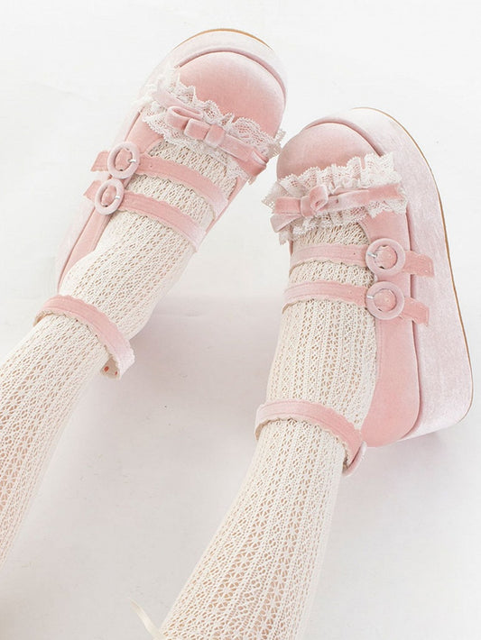 Lace Trim Bowknot at Top Velvet Pink Buckle Straps Platforms