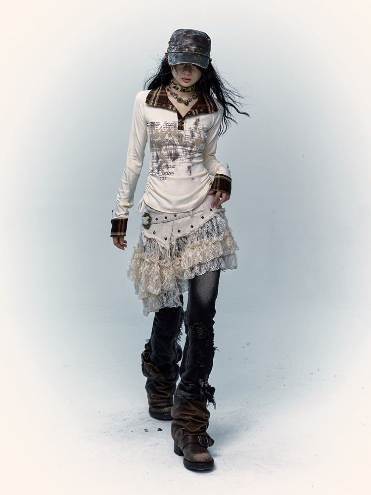 Beige Lace Asymmetrical Hem Skirt with Distressed Trim and Buckle Detail