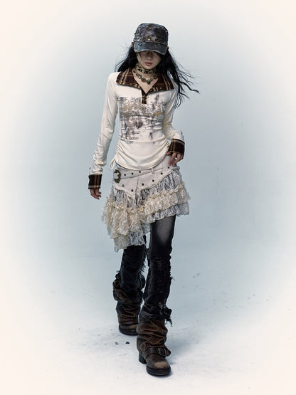 Beige Lace Asymmetrical Hem Skirt with Distressed Trim and Buckle Detail