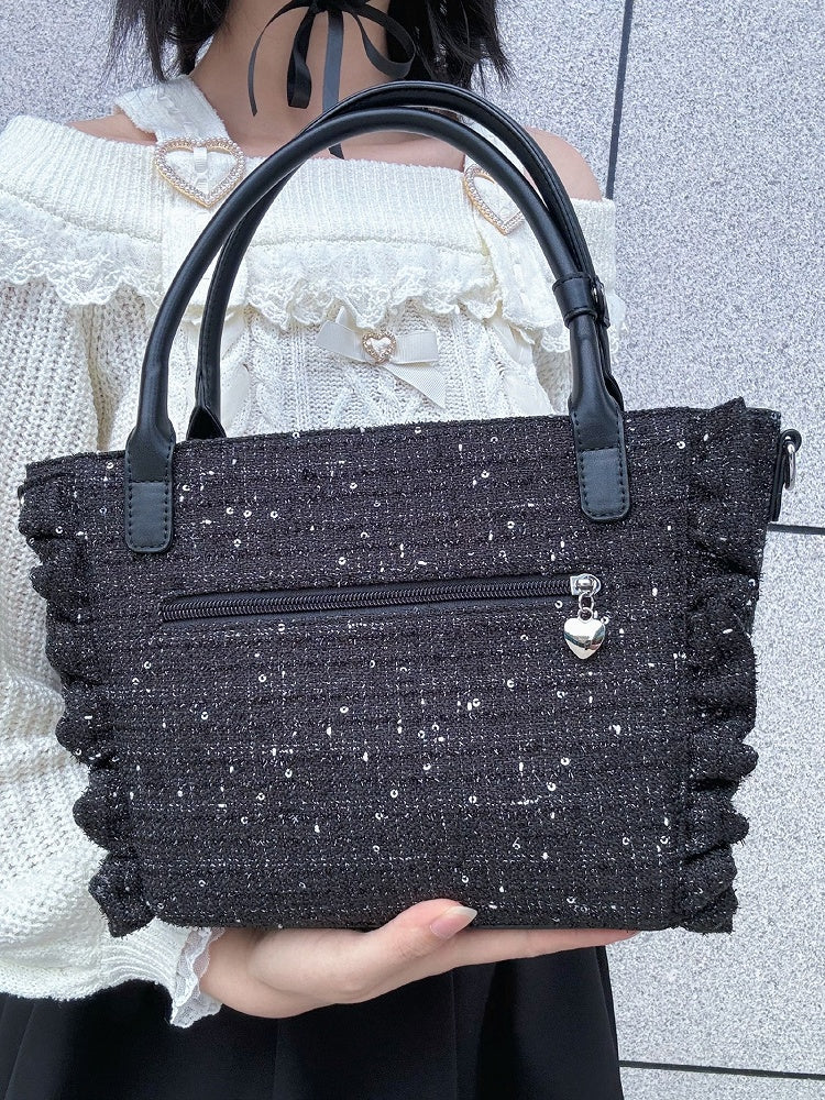 Elegant Black Ruffled-Edge Lolita Bag - Detachable Beaded Chain & Rhinestone Decor Bow Embellishment with Plush Bunny Ear
