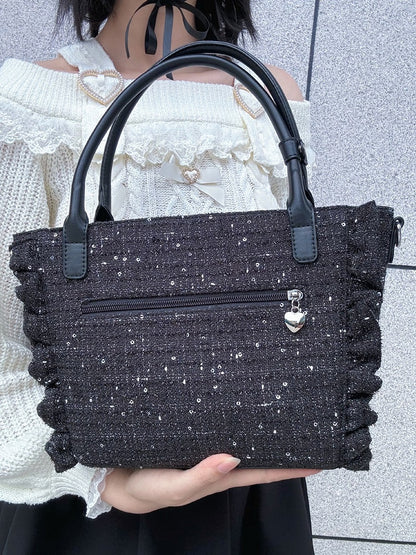Elegant Black Ruffled-Edge Lolita Bag - Detachable Beaded Chain & Rhinestone Decor Bow Embellishment with Plush Bunny Ear