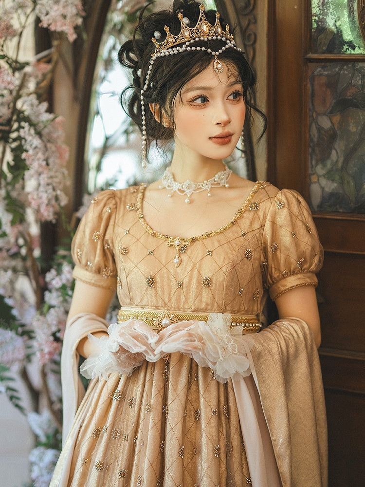 Allover Beaded Design Champagne Diamond Pattern Empire Waist Elegant Lolita One Piece Long/Short Version